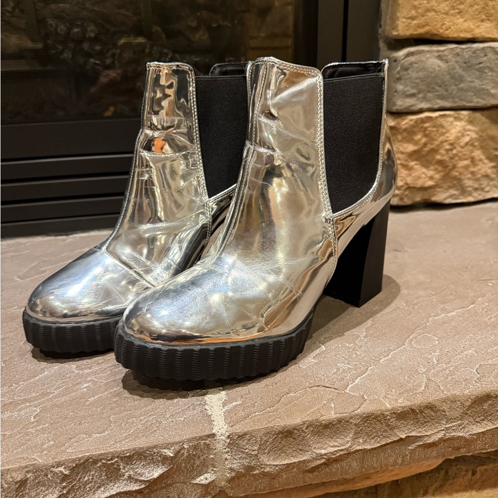 Silver Block Heel Ankle Boots